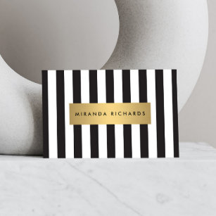 Luxe Bold Black and White Stripes with Gold Bar Business Card