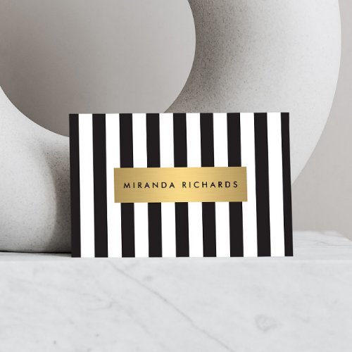 Luxe Bold Black and White Stripes with Gold Bar Business Card