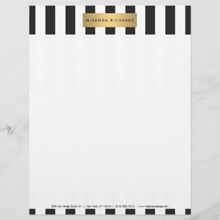 Luxe Bold Black And White Stripes With Gold Bar Letterhead
