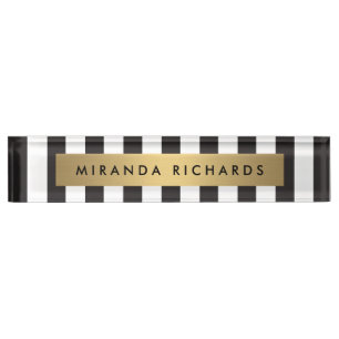 Luxe Bold Black and White Stripes with Gold Bar Name Plate