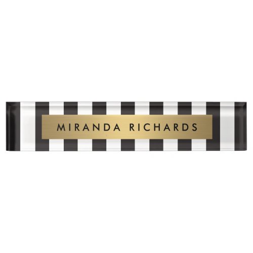 Luxe Bold Black and White Stripes with Gold Bar Name Plate