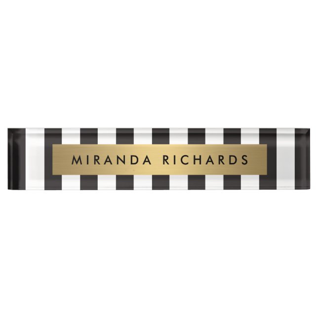 Luxe Bold Black and White Stripes with Gold Bar Name Plate (Front)