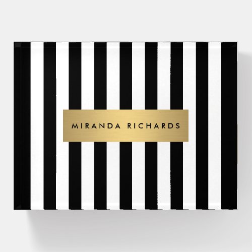 Luxe Bold Black and White Stripes with Gold Bar Paperweight