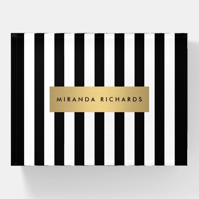 Luxe Bold Black and White Stripes with Gold Bar Paperweight (Front)