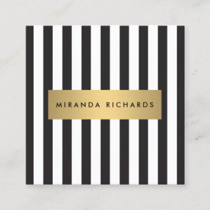 Luxe Bold Black and White Stripes with Gold Bar Square Business Card