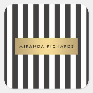Luxe Bold Black and White Stripes with Gold Bar Square Sticker
