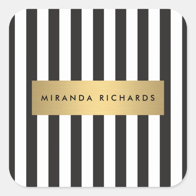 Luxe Bold Black and White Stripes with Gold Bar Square Sticker (Front)