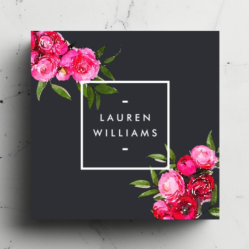 Luxe Bold Watercolor Roses on Gray Square Business Card