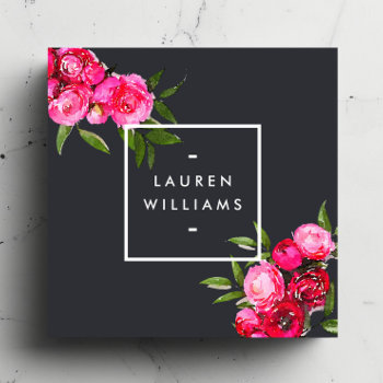 Luxe Bold Watercolor Roses On Gray Square Business Card by 1201am at Zazzle