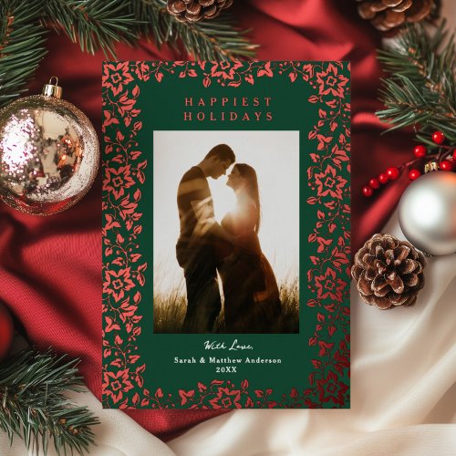 Luxe Botanical Frame Elegant One Photo Green Red Foil Holiday Card