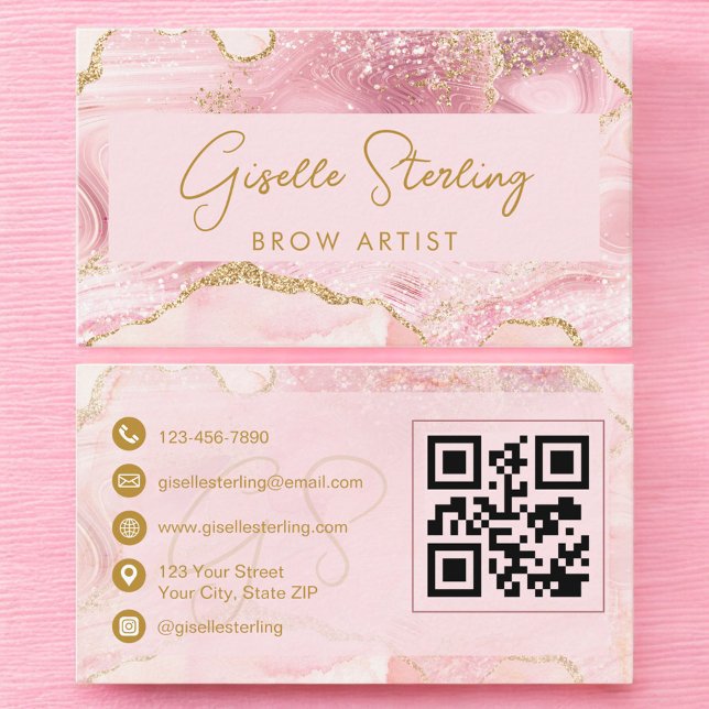 Luxe Brow Artist Blush Pink Gold Agate QR Code Business Card (Creator Uploaded)