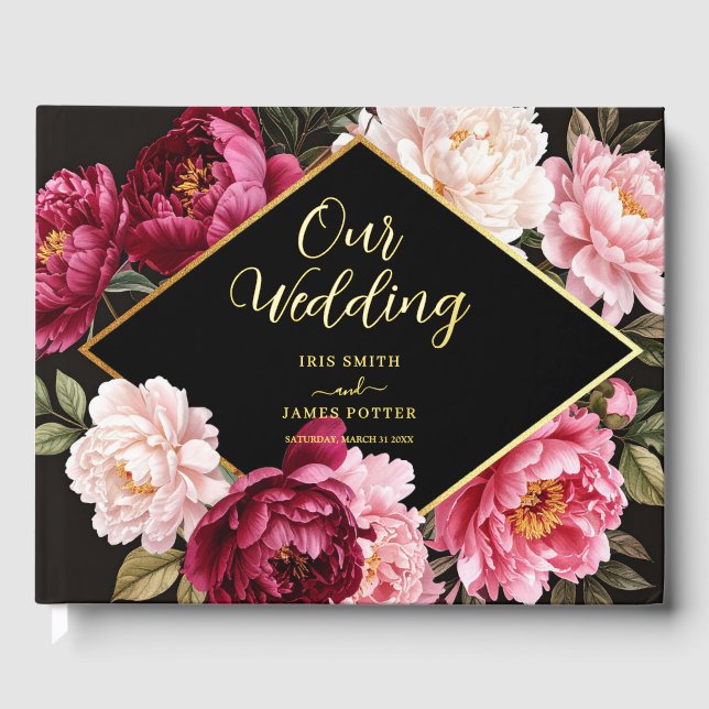Luxe Burgundy and Blush Peony Floral Wedding Real Foil Guest Book (Front)