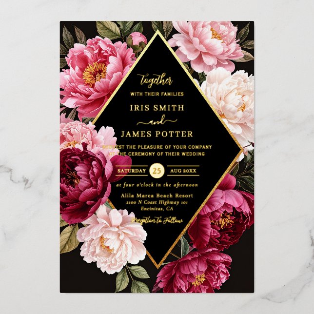 Luxe Burgundy and Blush Pink Peony Floral Wedding Foil Invitation (Front)