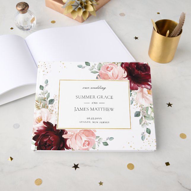 Luxe Burgundy Blush Pink Roses Floral Wedding Guest Book (Front Open)