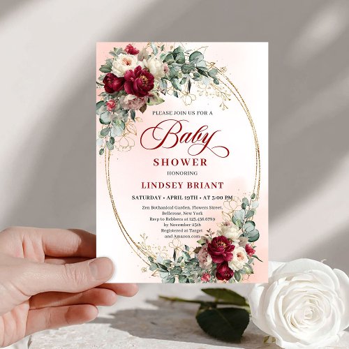 Luxe Burgundy Floral Bohemian Baby Shower Invite