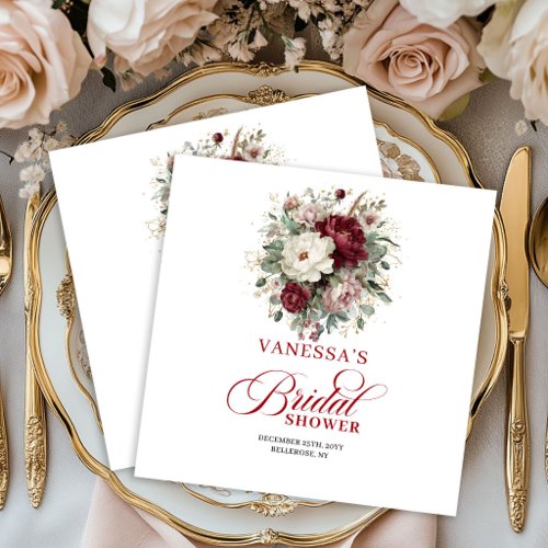 Luxe Burgundy Floral Bridal Shower Napkins