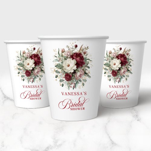 Luxe Burgundy Floral Bridal Shower Paper Cups