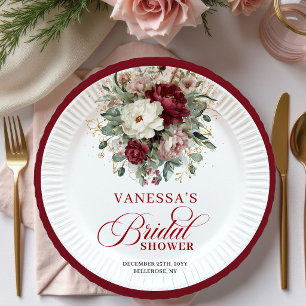 Luxe Burgundy Floral Bridal Shower Paper Plates