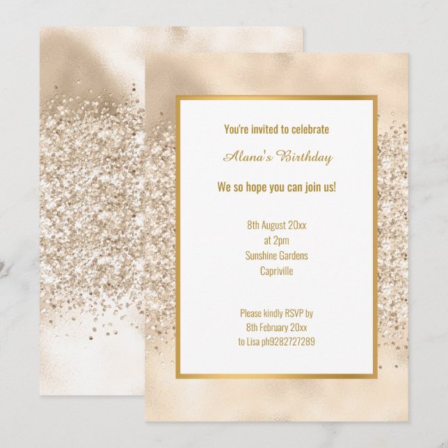 LUXE CHAMPAGNE GLITTER BIRTHDAY  INVITATION (Front/Back)