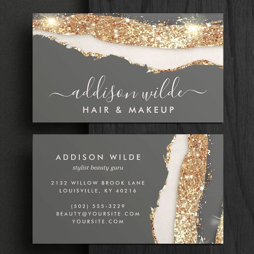 Luxe Charcoal Gray And Gold Glitter Trendy Script Business Card