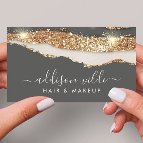 Luxe Charcoal Gray And Gold Glitter Trendy Script Business Card