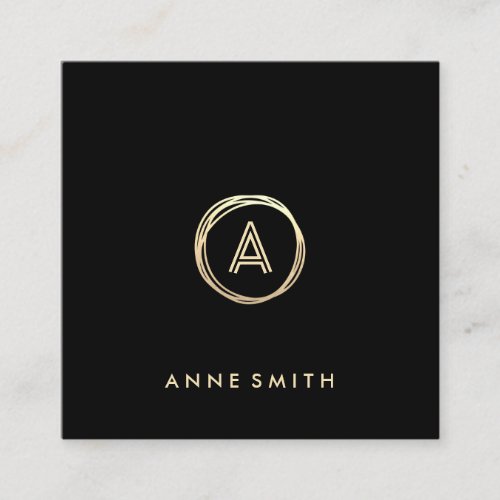 Luxe Chic Gold Circle Modern Monogram Black Square Business Card