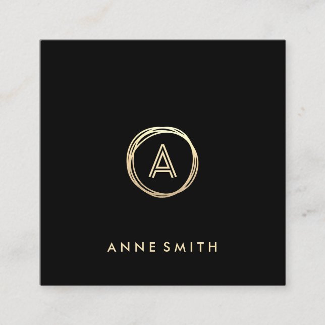Luxe Chic Gold Circle Modern Monogram Black Square Business Card (Front)