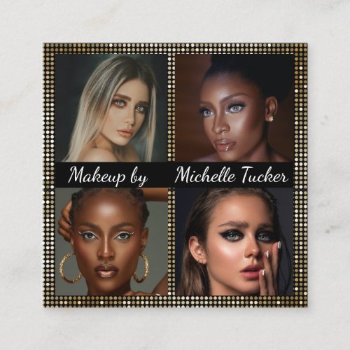 Luxe chic gold glitter frame 4 photo Makeup Artist Square Business Card