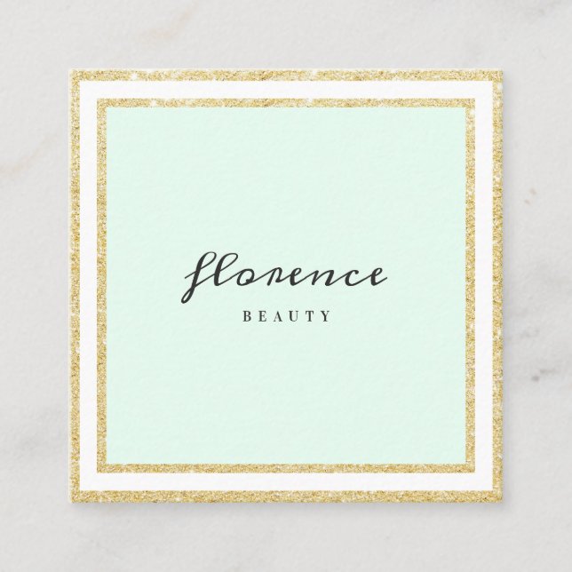 Luxe chic gold glitter frame mint green and white square business card (Front)