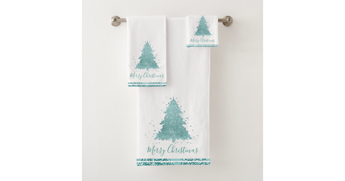 Luxe Christmas Trees Elegant Turquoise Glitter Bath Towel Set