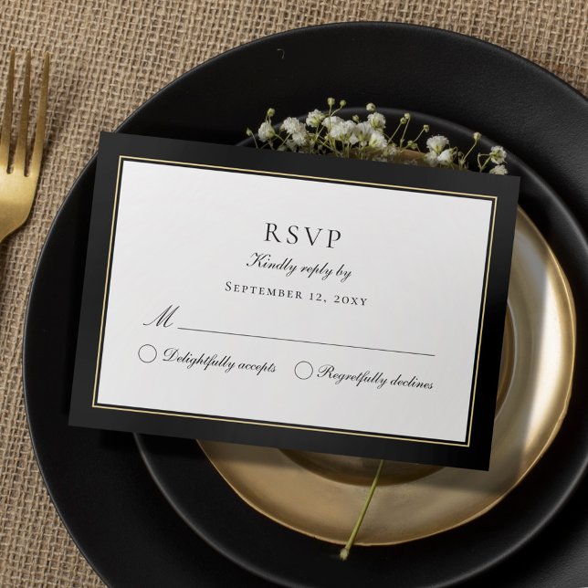 Luxe Classic Elegant Classy Black Gold Beige Frame RSVP Card (Creator Uploaded)