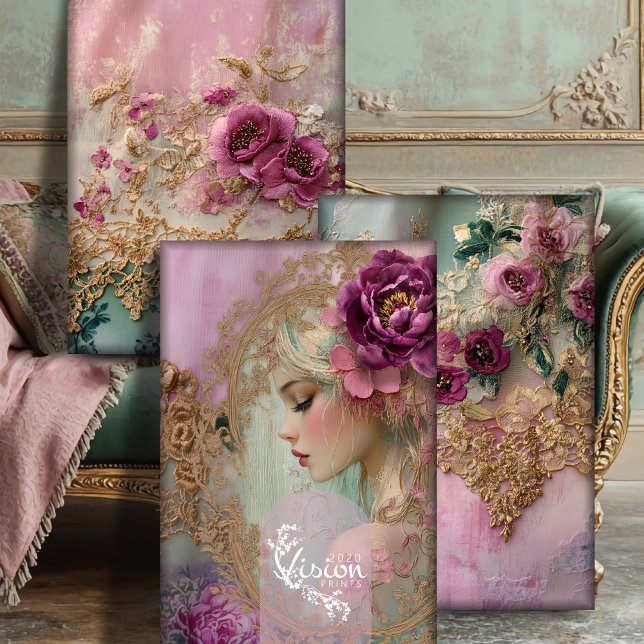 Luxe Collage Heavyweight Decoupage Set Wrapping Paper Sheets (Luxe Collage Heavy Weight Decoupage, Shabby Chic Portrait Vintage Lace Romantic Floral.)