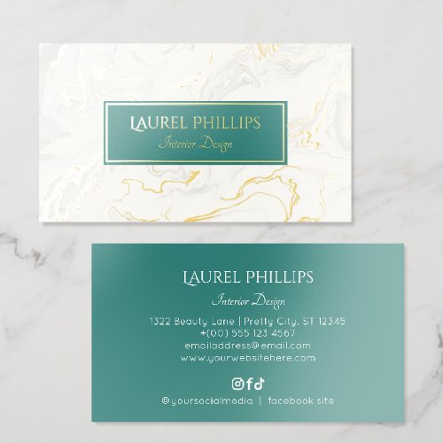Luxe Creamy White Golden Marble Teal Foil Business Cards