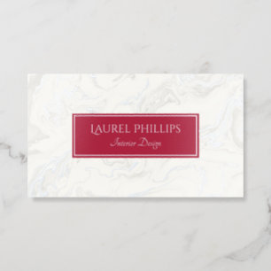Luxe Creamy White Silver Marble Crimson Foil Business Cards