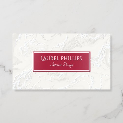 Luxe Creamy White Silver Marble Crimson Foil Business Cards