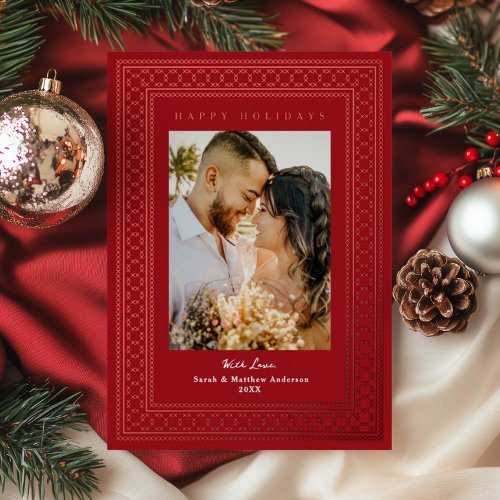 Luxe Cross Stitched Frame Elegant Photo Red Foil Holiday Card