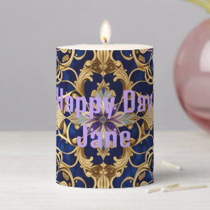 Luxe Custom Gold Blue Purple Swirl Pillar Candle