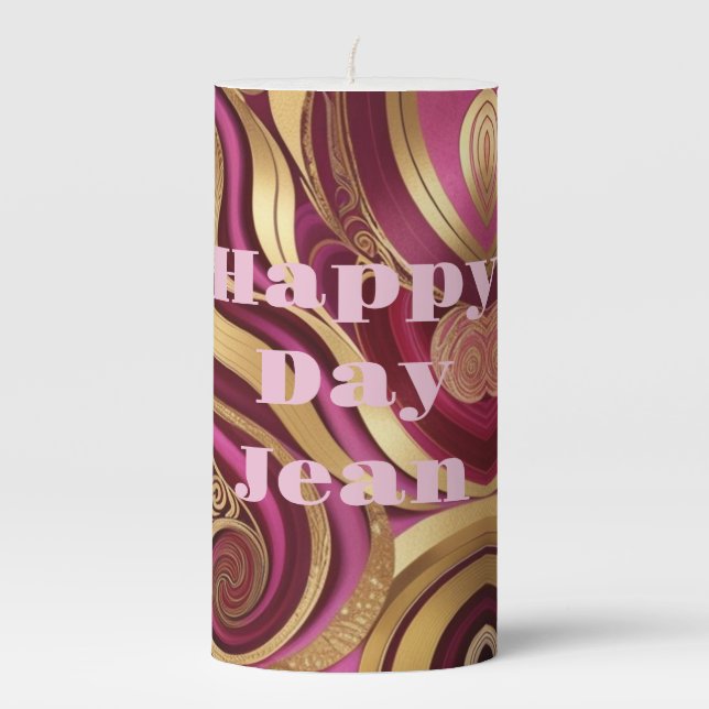Luxe Custom Gold Red Pink Swirl Pillar Candle (Front)