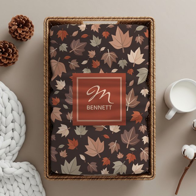 Luxe Dark Fall Leaves Monogram Sherpa Blanket (Creator Uploaded)