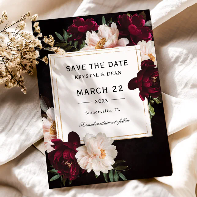 Luxe Dark Moody Burgundy Blush Floral Wedding Save The Date | Zazzle