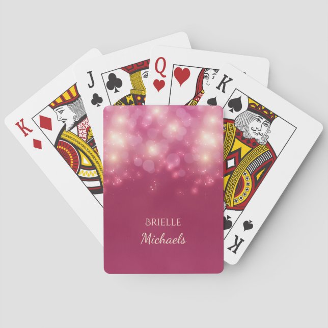 Luxe Dark Pink Glamour Bokeh Sparkles With Name Poker Cards (Back)
