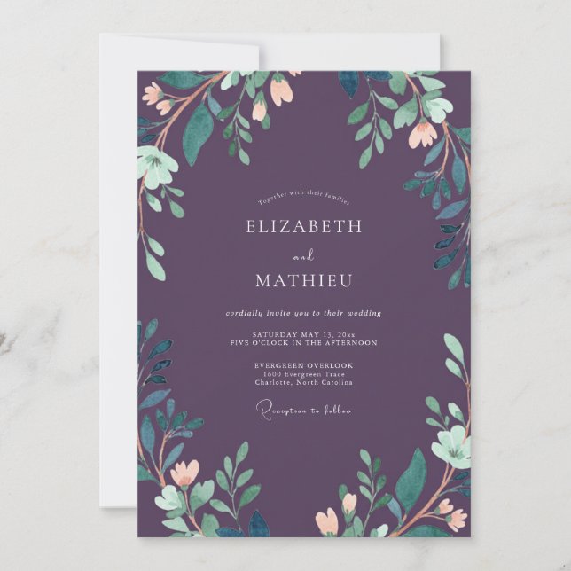 Luxe Deep Plum Leafy Wedding Invitation (Front)