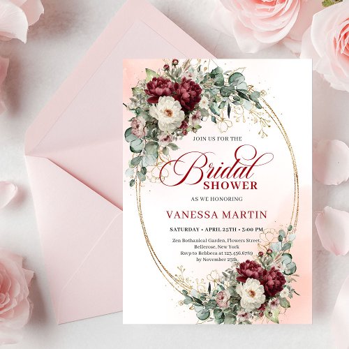 Luxe Deep Red and Gold Floral Bridal Shower Invite