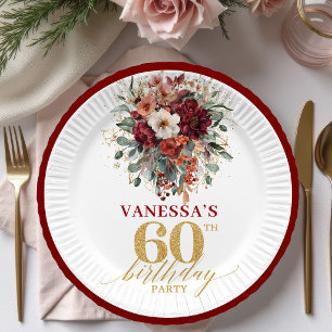 Luxe Deep Red Gold Floral 60th Birthday Paper Plat Plates