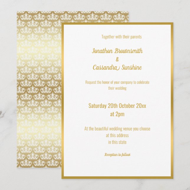 LUXE DELICATE GOLD LACE TIARA WEDDING INVITATION (Front/Back)