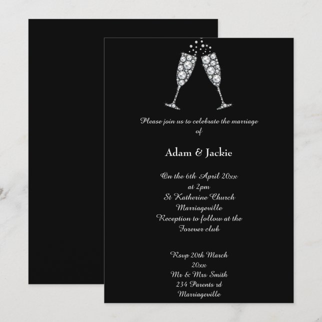 Luxe Diamond Champagne Glass ELEGANT WEDDING  Invitation (Front/Back)