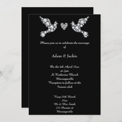 Luxe Diamond Love Dove Black Wedding Invitation