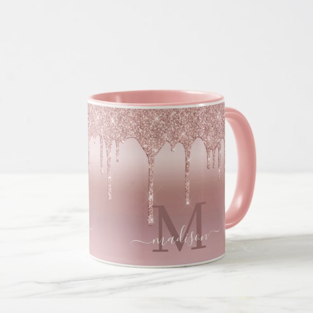 Luxe Dripping Rose Gold Glitter Monogram Mug (Front Right)