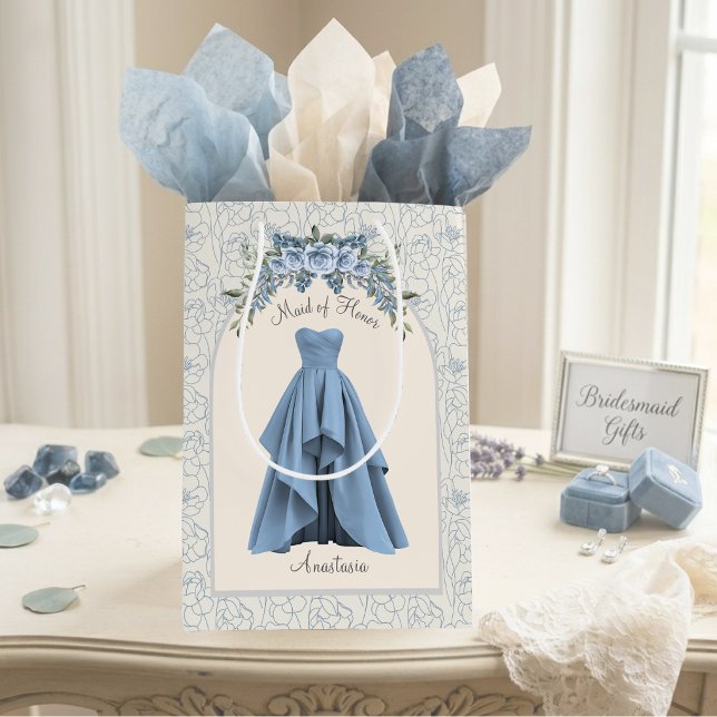Luxe Dusty Blue Maid of Honor Personalized Medium Gift Bag (Luxe Maid of Honor proposal gift bag personalized slate blue wedding party gift packaging)