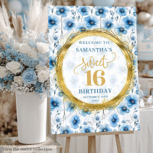 Luxe Dusty Blue Sweet 16 Welcome Sign Sparkles